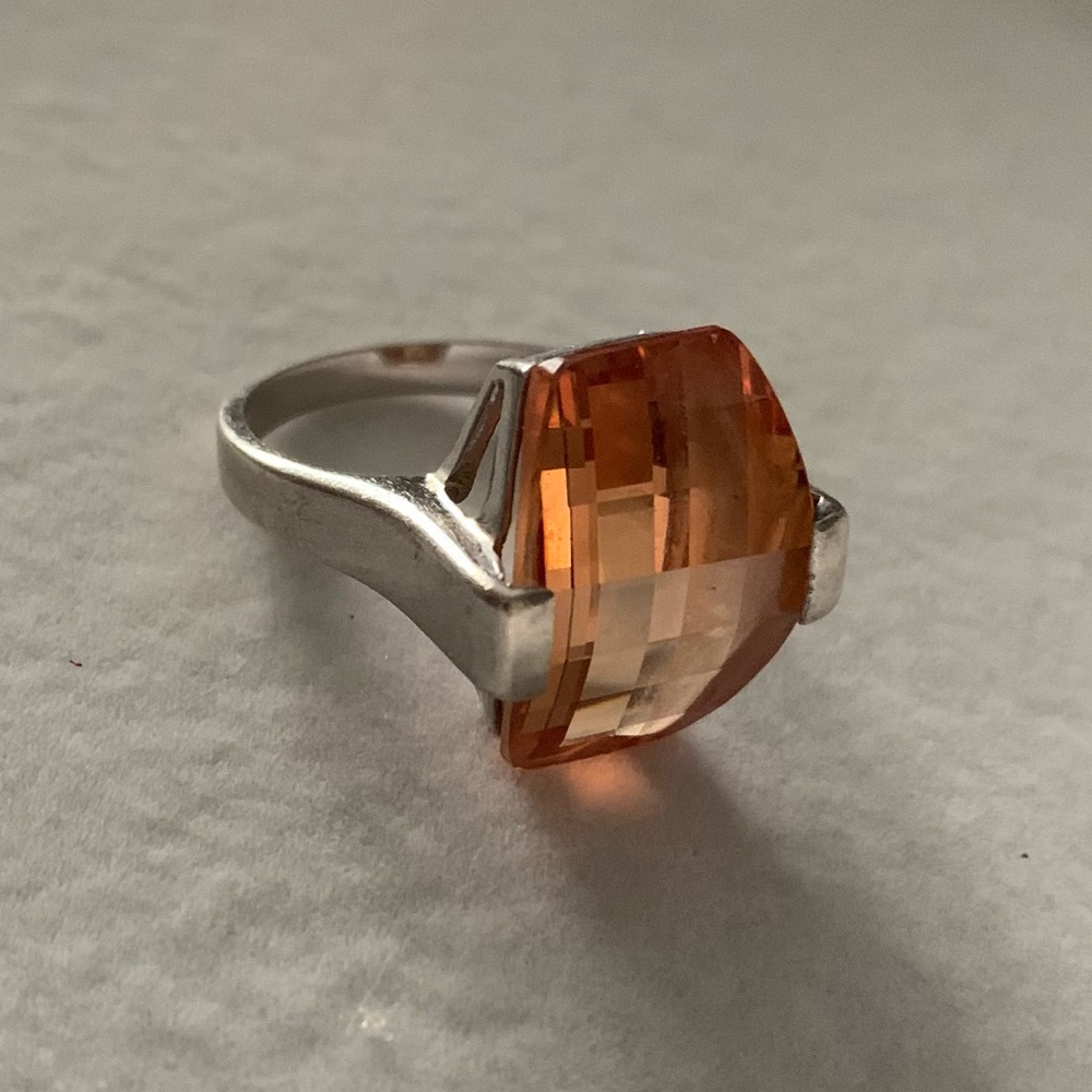 925 Sterling Silver Chunky Orange Faux Gemstone Cocktail Ring Size 9.25